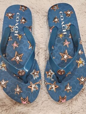 COACH Blue Star Print Jelly Flip Sandals